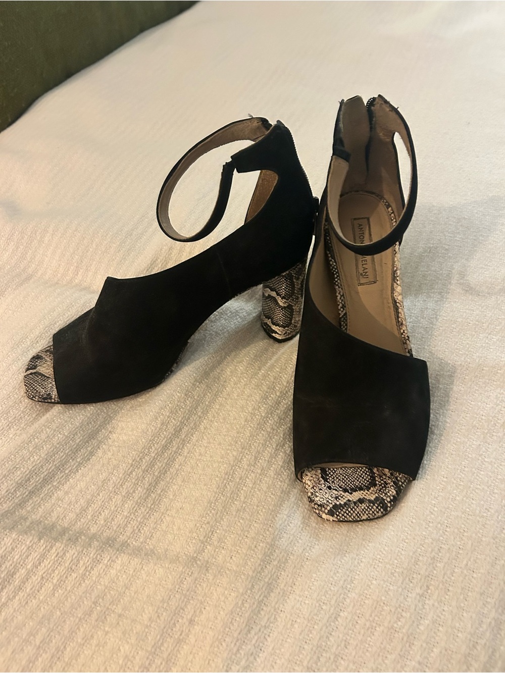 ANTONIO MELANI Black Suede Peep-Toe Block Heels with Snake-Print Accent